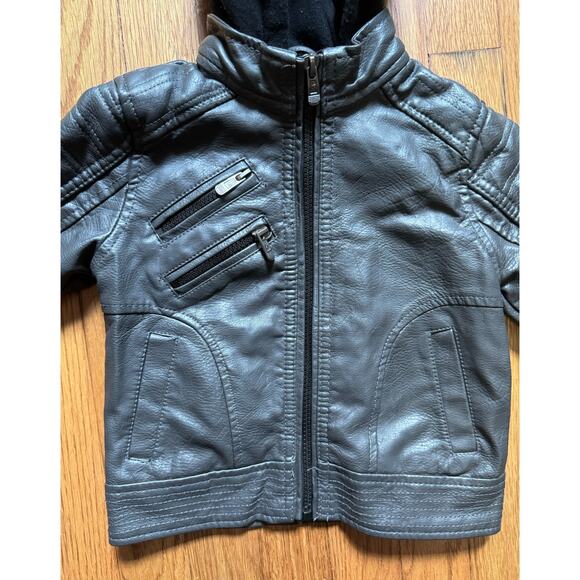 Urban Republic Toddler Bomber Jacket 24 Months Dark Grey Hooded Faux Leather - Picture 6 of 9